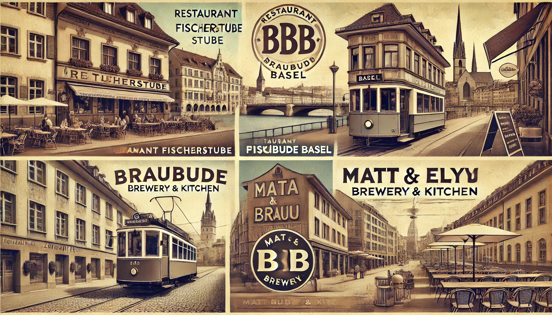 Bildcollage zur Basler Biertour mit historischen Braustuben und Basler Tram