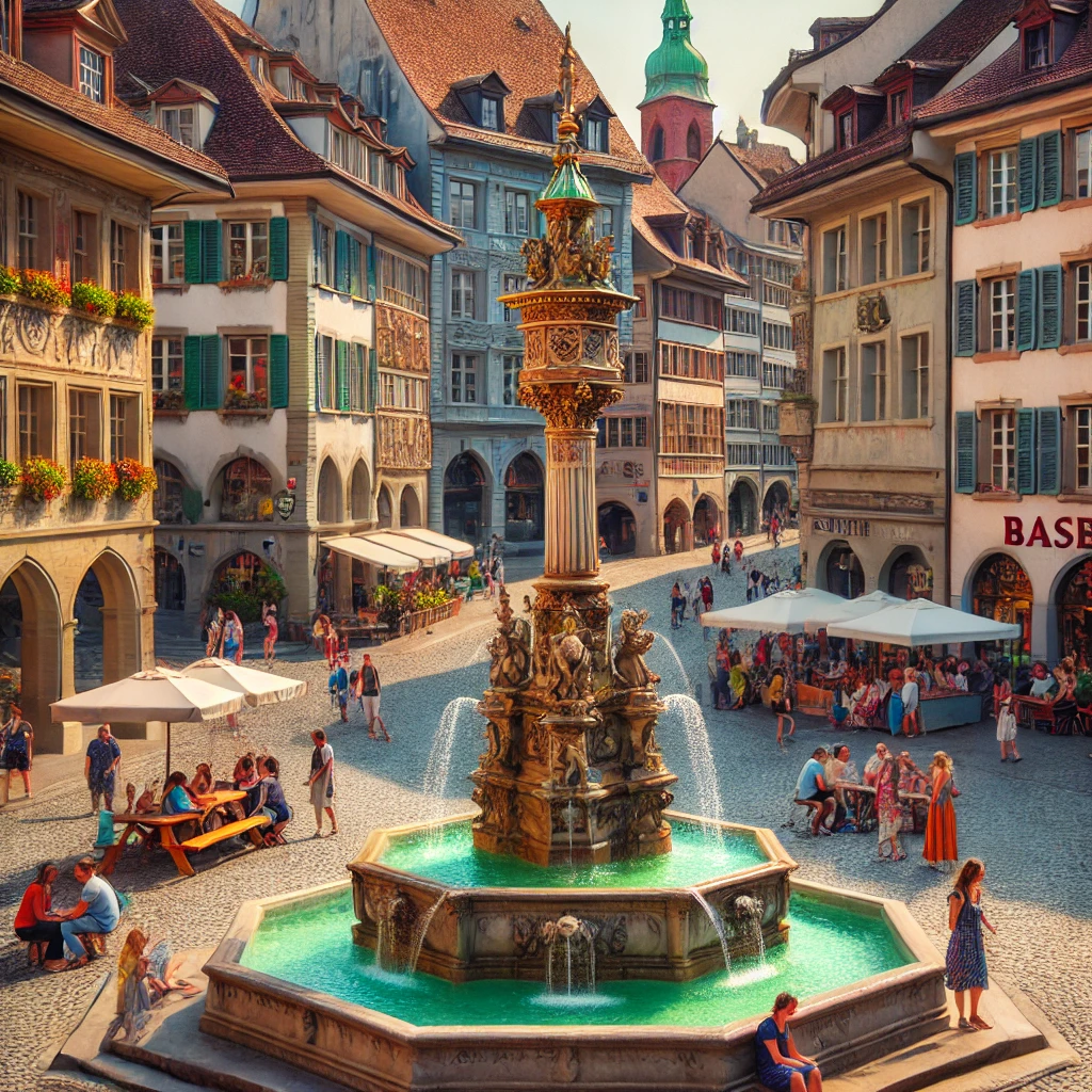 Historischer Brunnen auf einem Platz in der Basler Altstadt mit Café-Terrassen