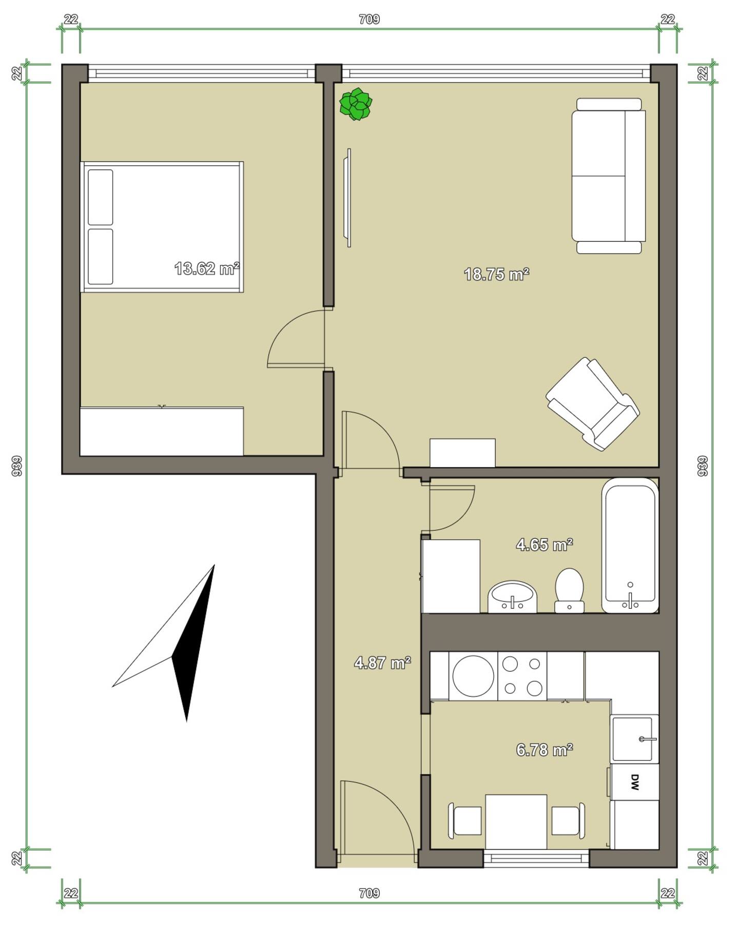 Grundriss des EXPO Basel Apartments mit Schlafzimmer, Wohnzimmer, Bad und Küche