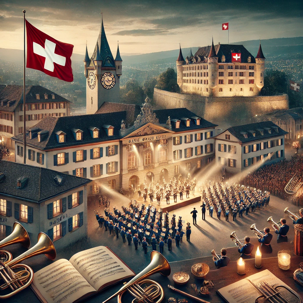 Illustration zum Basel Tattoo 2025 mit Musikkapelle vor historischer Basler Altstadtkulisse